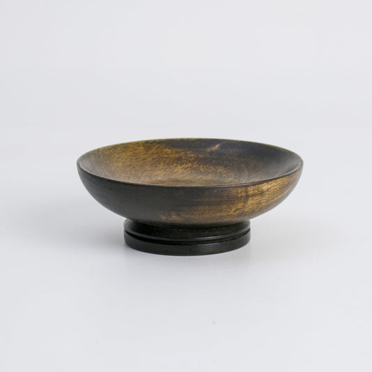 WOOD CURLS small mango wood pedestal bowl with a dark walnut finish, perfect for table décor and fruit display.