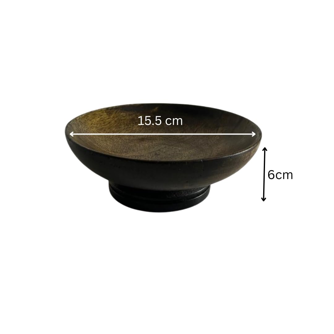 WOOD CURLS small round mango wood pedestal bowl in dark walnut finish, perfect for table décor or fruit display.