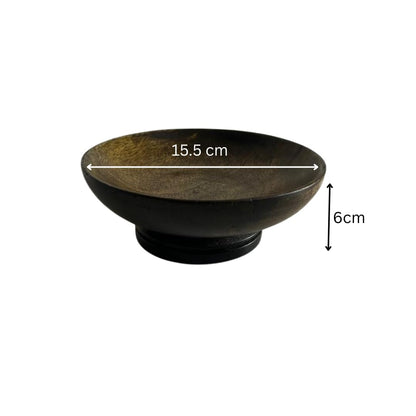 WOOD CURLS small round mango wood pedestal bowl in dark walnut finish, perfect for table décor or fruit display.