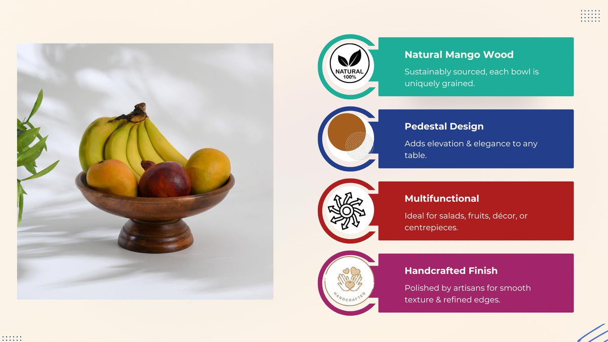 WOOD CURLS mango wood pedestal fruit bowl filled with bananas and mangoes, showcasing natural wood grain finish.