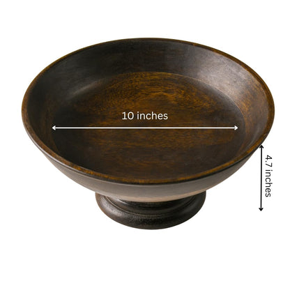 WOOD CURLS handcrafted mango wood pedestal bowl with a walnut finish, perfect for fruit or table centerpiece decor.