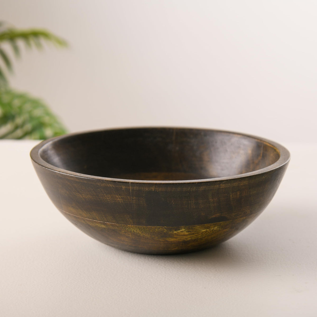 WOOD CURLS 10-inch round mango wood serving bowl with a rich walnut finish for salads, fruits, and kitchen decor.