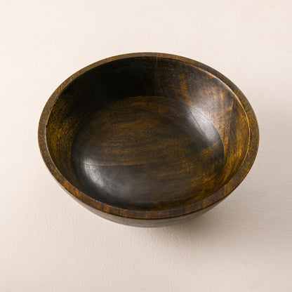 WOOD CURLS 10-inch round mango wood serving bowl with a rich walnut finish and visible natural wood grain texture.