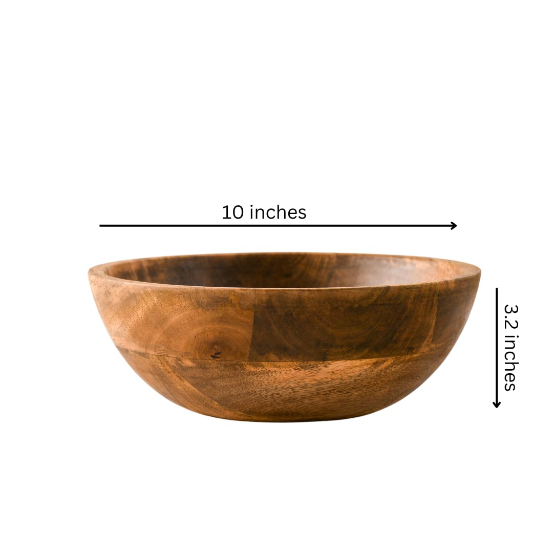 WOOD CURLS 10-inch mango wood serving bowl with natural grain, perfect for salads, fruits, and rustic table decor.