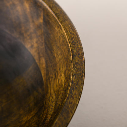WOOD CURLS 10-inch round mango wood serving bowl with a rich walnut finish and visible natural wood grain texture.