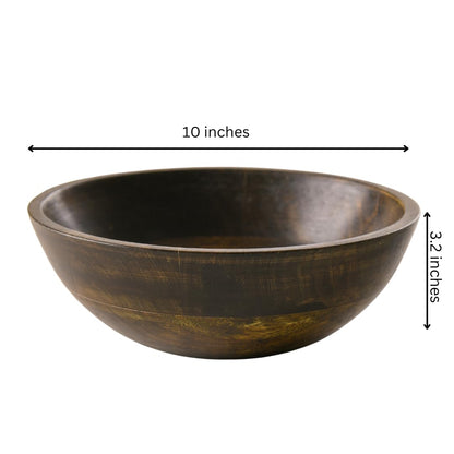WOOD CURLS 10-inch round mango wood serving bowl with a rich walnut finish and visible natural wood grain texture.