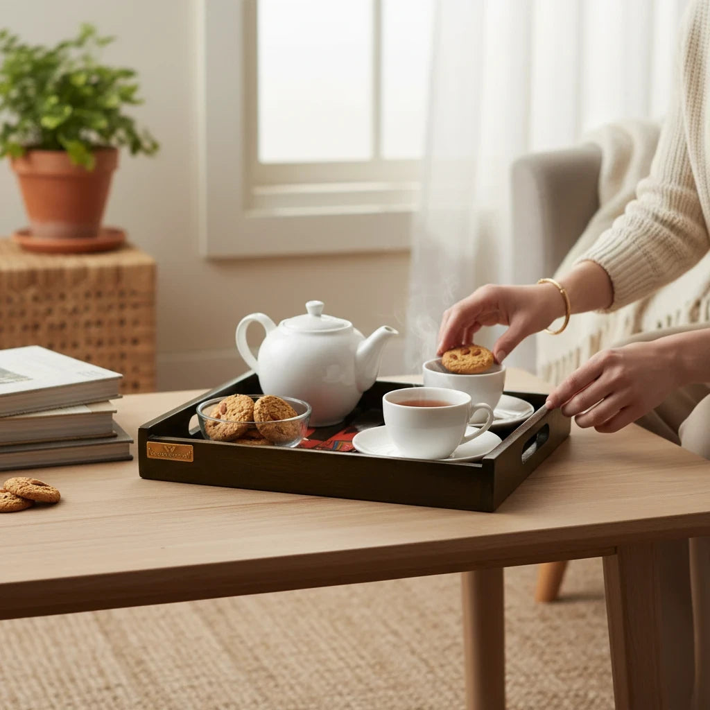 WOOD CURLS handcrafted mango wood serving tray with elephant design, holding a tea set on a wooden table.