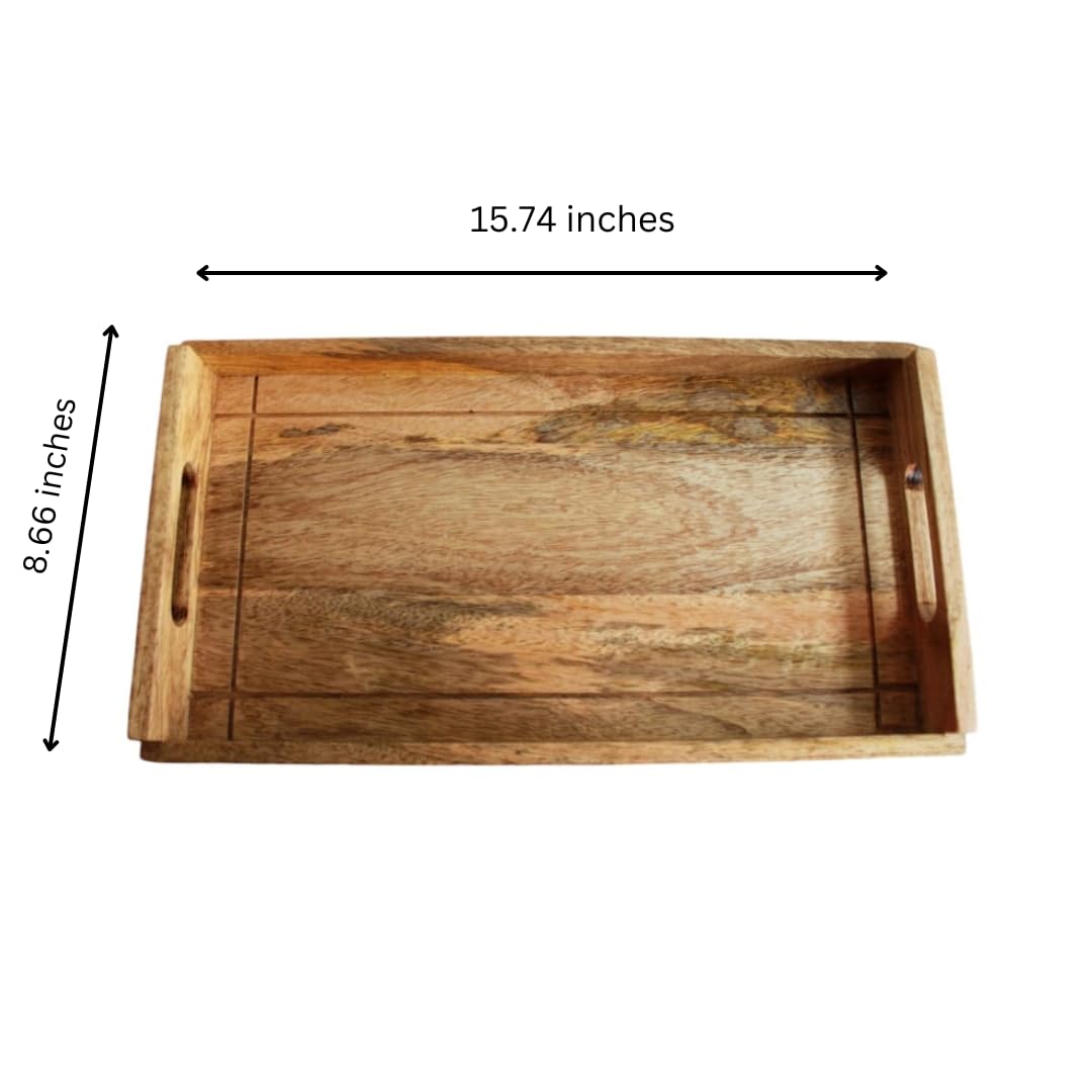 WOOD CURLS rectangular serving tray made of solid mango wood with natural grain patterns and integrated side handles