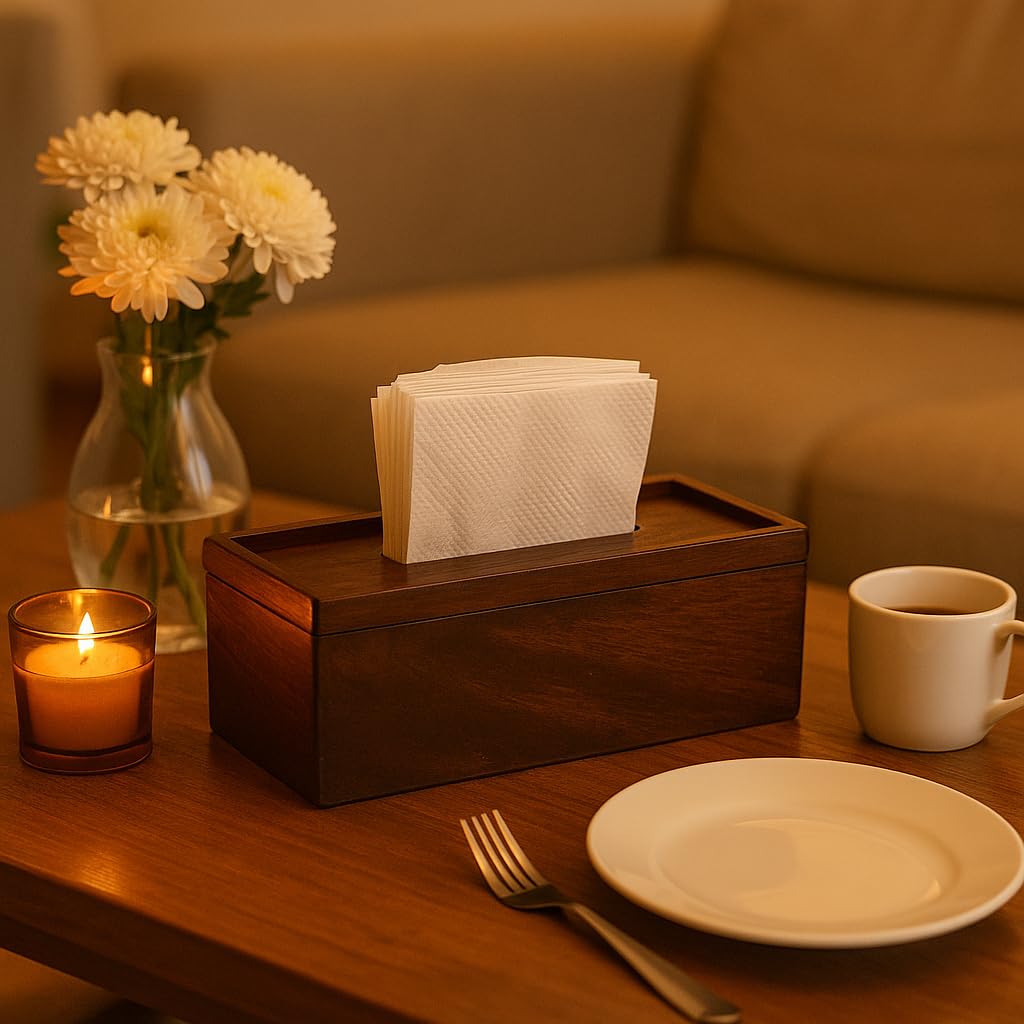 WOOD CURLS handcrafted mango wood tissue holder with a natural finish on a dining table with a candle and flowers.