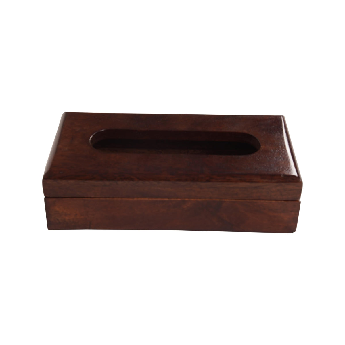WOOD CURLS WoodBliss mango wood tissue holder with a dark brown finish and an open-top design for easy access.