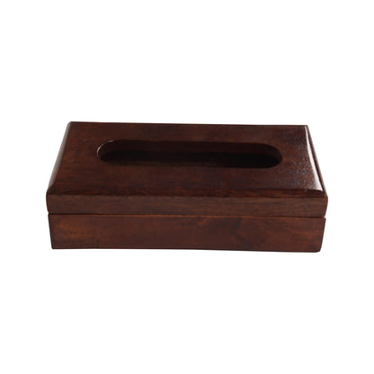 WOOD CURLS WoodBliss mango wood tissue holder with a dark brown finish and an open-top design for easy access.