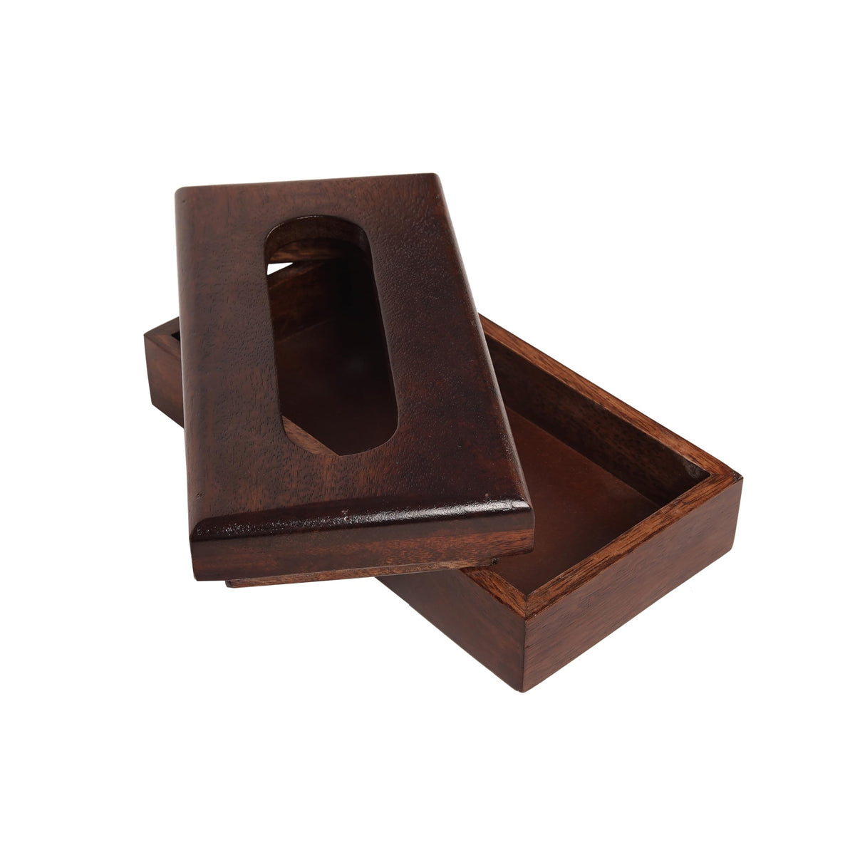 WOOD CURLS mango wood tissue holder with a dark finish and open-top design for easy tissue access on a white background
