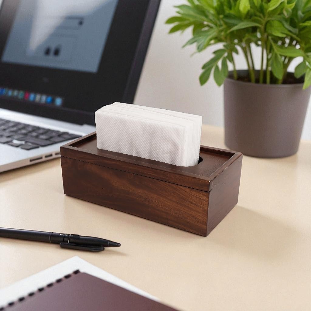 WOOD CURLS mango wood tissue holder with a natural finish, featuring a sliding cover on a modern office desk.