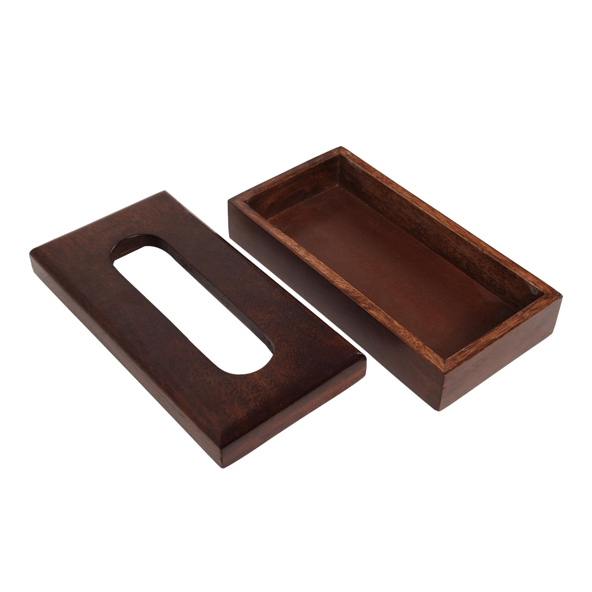 WOOD CURLS mango wood tissue holder with a removable lid and open-top design for easy access on a white background.