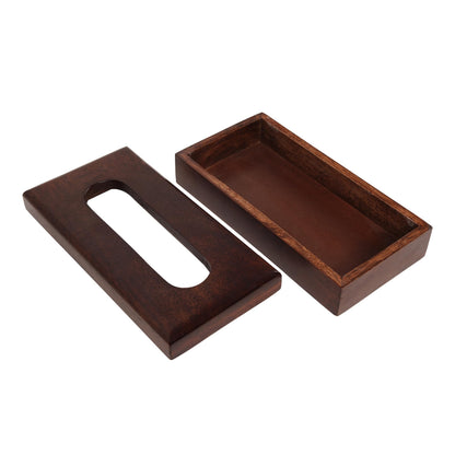 WOOD CURLS mango wood tissue holder with a removable lid and open-top design for easy access on a white background.