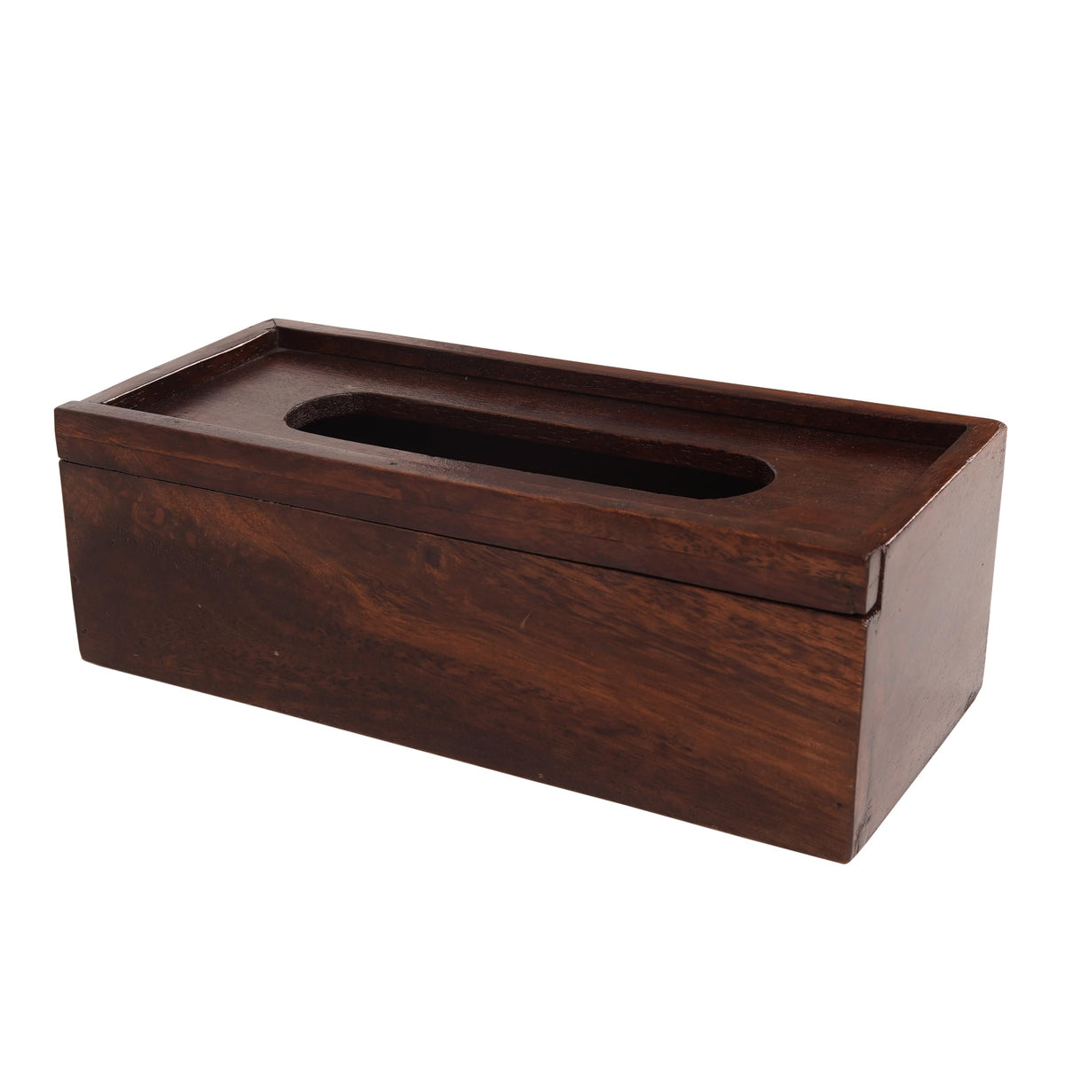 WOOD CURLS handcrafted rectangular mango wood tissue dispenser with a smooth natural dark wood grain finish