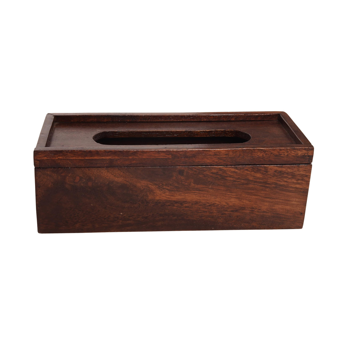 WOOD CURLS handcrafted rectangular mango wood tissue holder with a rich natural finish and sliding cover design.