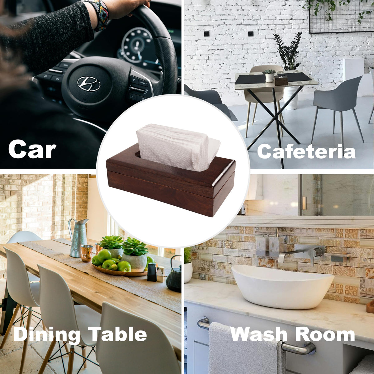 WOOD CURLS mango wood open-top tissue holder displayed in various settings like a dining table and washroom.