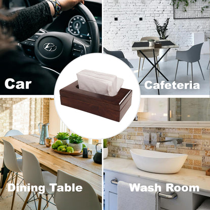 WOOD CURLS mango wood open-top tissue holder displayed in various settings like a dining table and washroom.