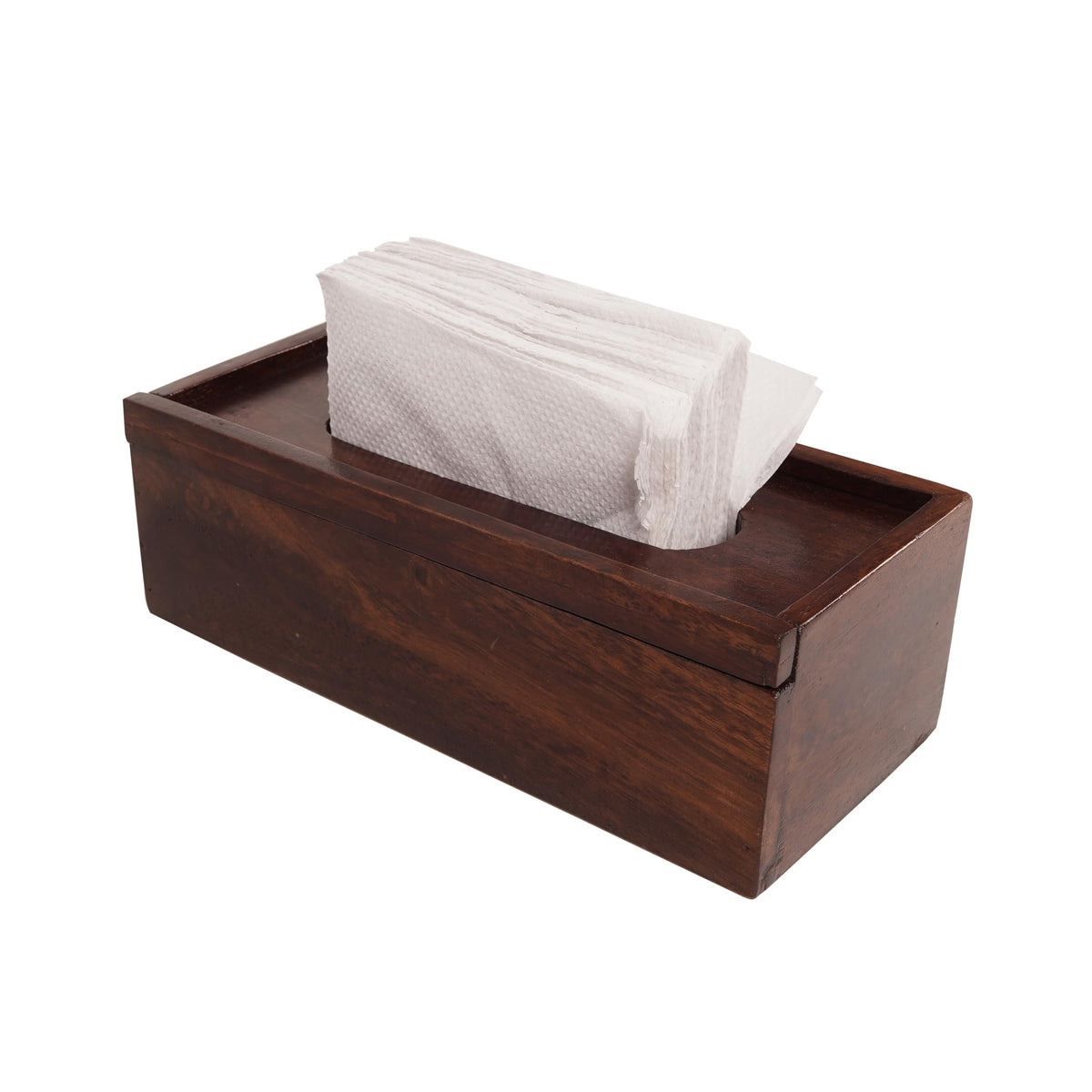 WOOD CURLS handcrafted solid mango wood tissue holder with a natural dark finish and sliding cover design