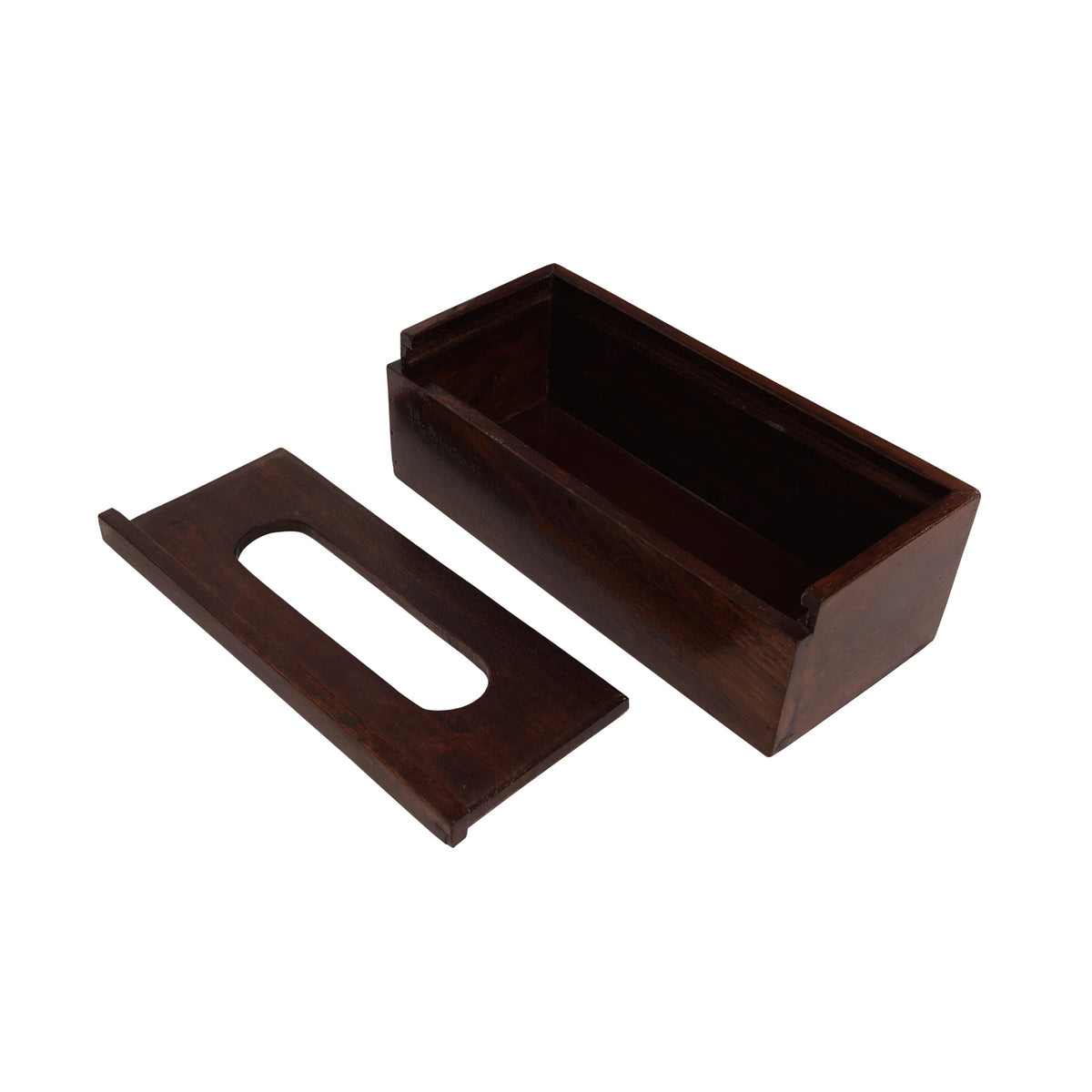 WOOD CURLS handcrafted mango wood tissue holder with a removable sliding lid in a rich natural dark wood finish.