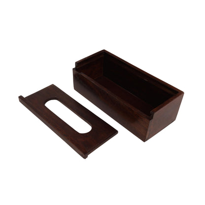 WOOD CURLS handcrafted mango wood tissue holder with a removable sliding lid in a rich natural dark wood finish.