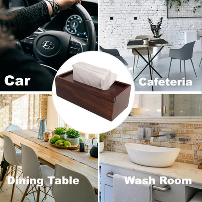 WOOD CURLS mango wood tissue holder shown in car, cafeteria, dining table, and washroom settings.