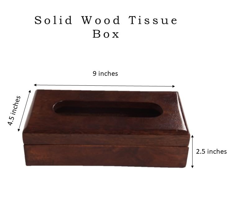 WOOD CURLS mango wood tissue holder with an open-top design, featuring a smooth dark brown finish and dimensions.