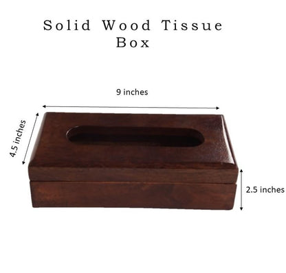 WOOD CURLS mango wood tissue holder with an open-top design, featuring a smooth dark brown finish and dimensions.