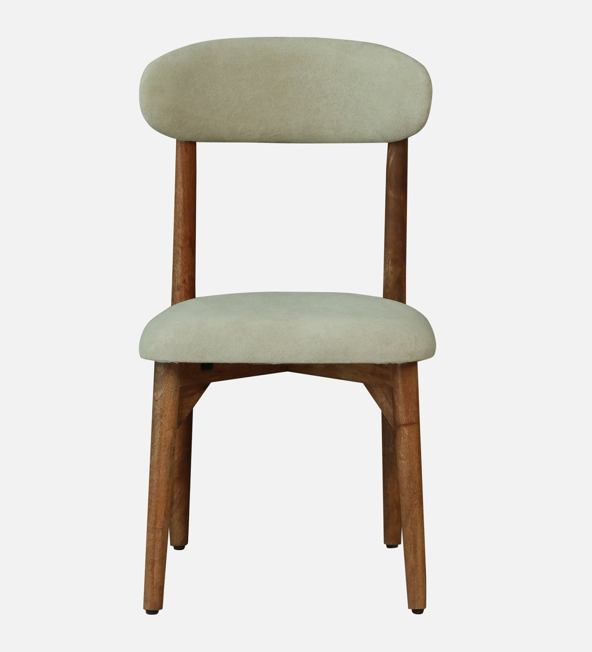WOOD CURLS ergonomic dining chair with a solid mango wood frame and soft light-toned upholstered seat and backrest.