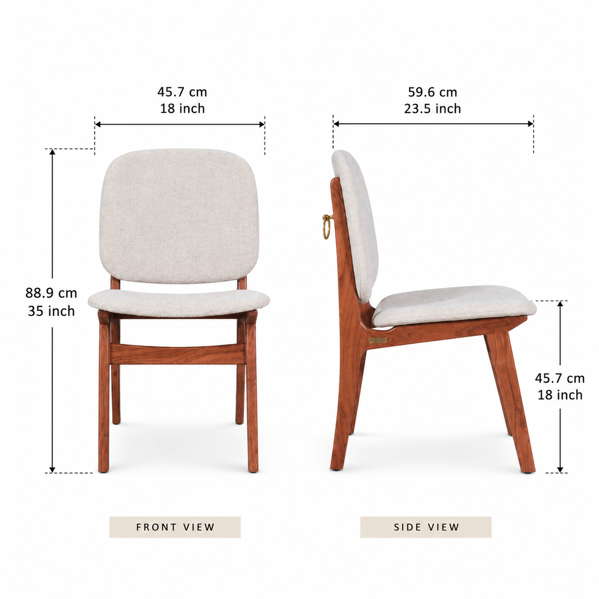 WOOD CURLS Marlow dining chair showing front and side views with dimensions, featuring acacia wood and beige fabric.