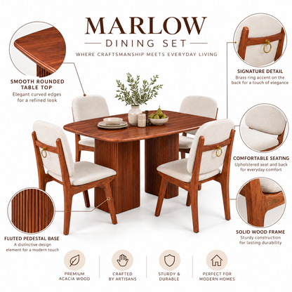 WOOD CURLS Marlow 4 seater dining set with acacia wood fluted pedestal table and upholstered chairs with brass rings