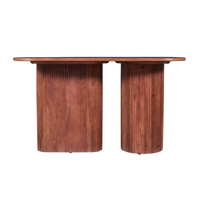 WOOD CURLS Marlow dining table in natural acacia wood with a rounded rectangular top and dual fluted pedestal bases.