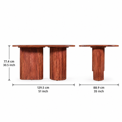 WOOD CURLS Marlow acacia wood dining table with fluted pedestal base and natural glazed finish, shown with dimensions.