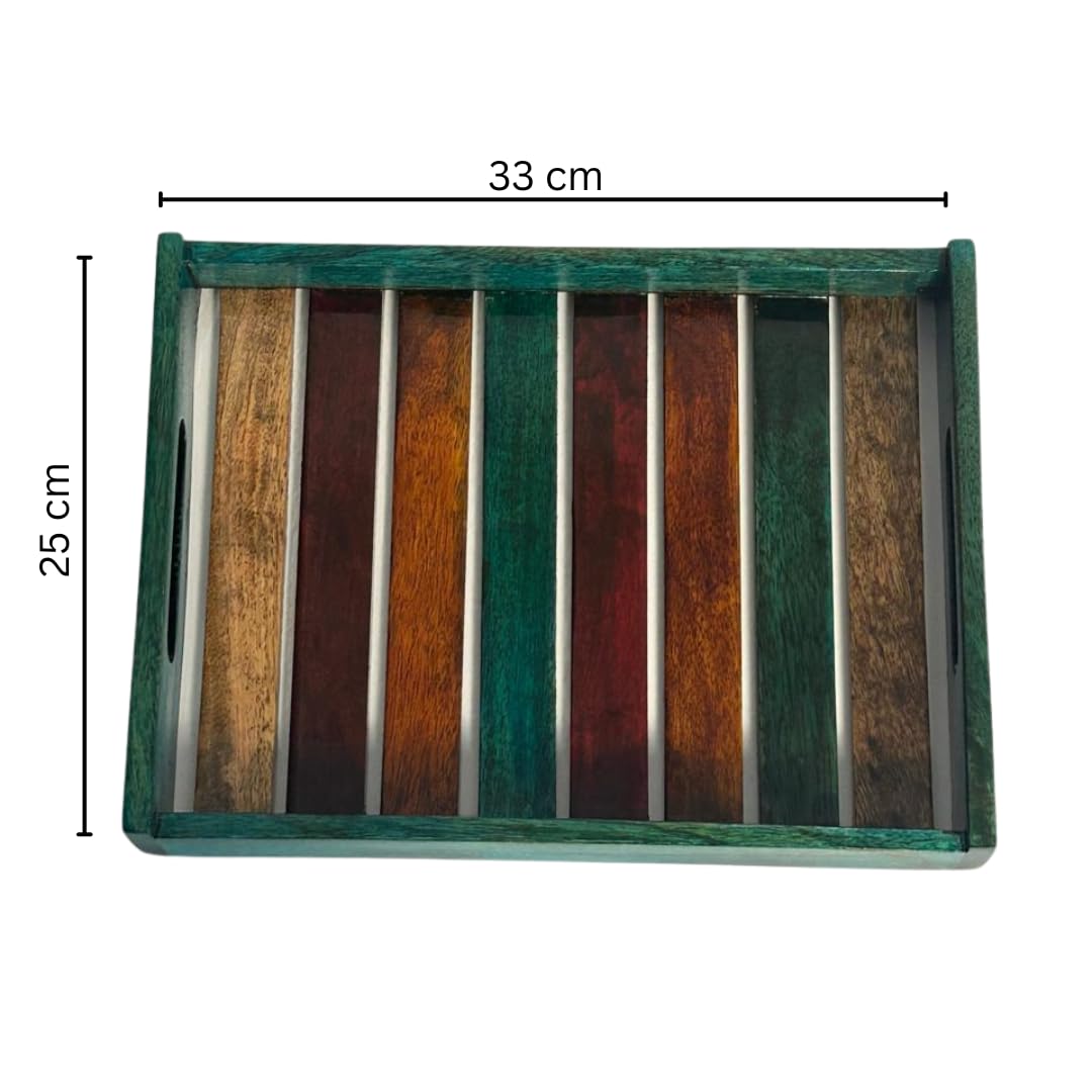 WOOD CURLS handcrafted rectangular mango wood serving tray with a multicolor slatted design and teal frame.