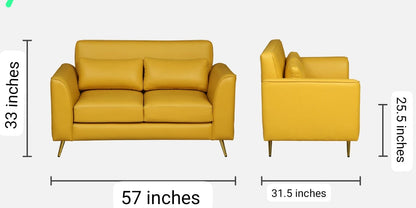 WOOD CURLS Aurelia mustard leatherette 2-seater sofa with golden legs, showing front and side dimensions.