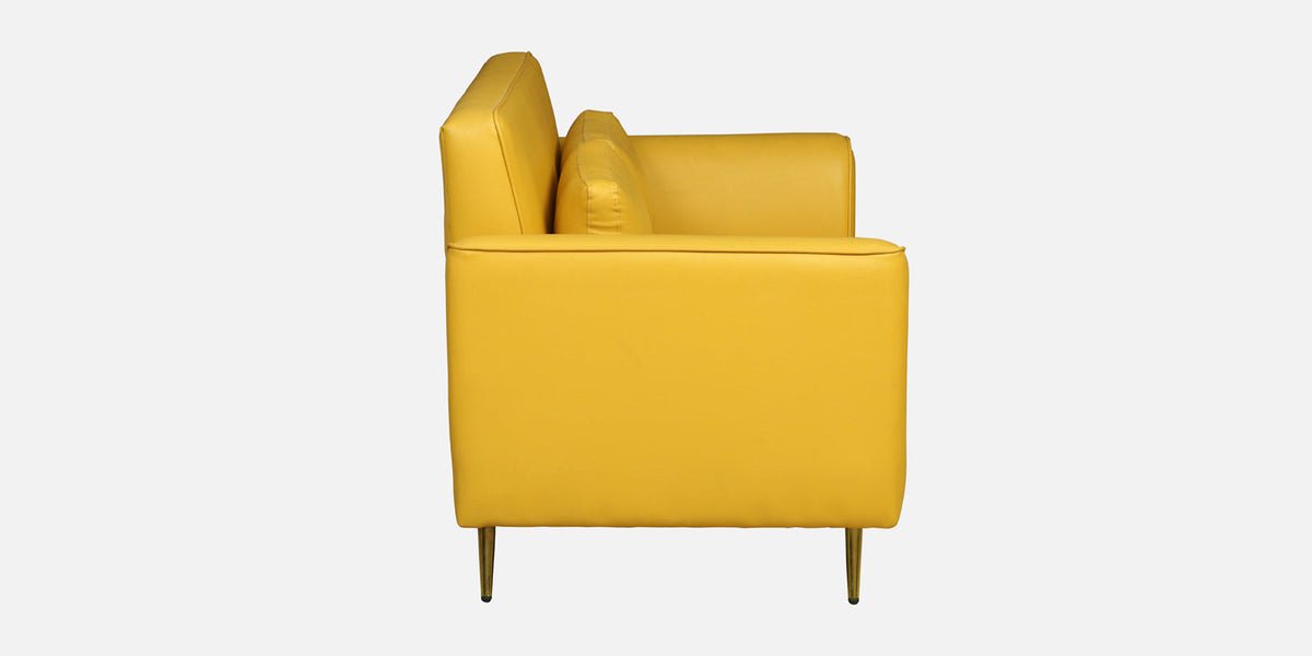 WOOD CURLS Aurelia mustard leatherette 2 seater sofa with golden metal legs, side view
