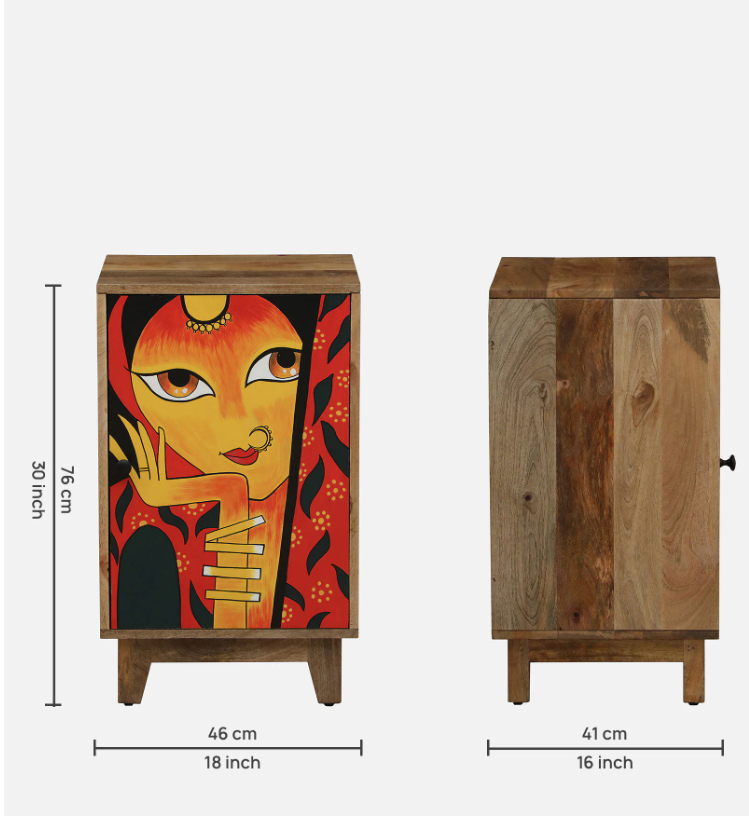 WOOD CURLS Nayika mango wood cabinet with hand-painted multicolor portrait on the door and black metal knob
