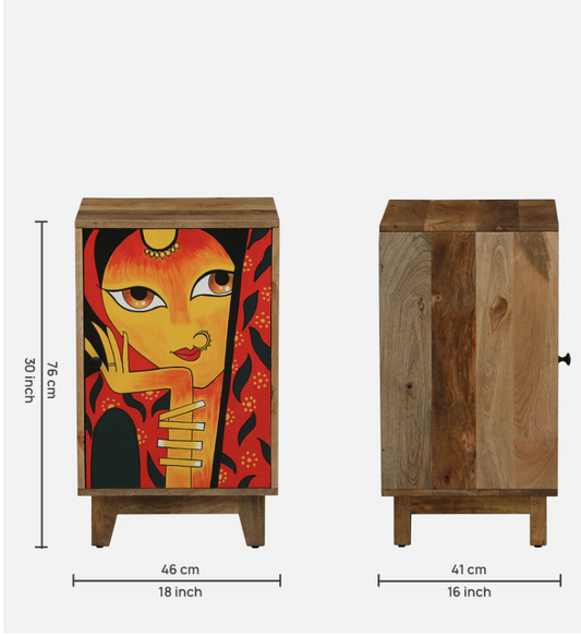 WOOD CURLS Nayika mango wood cabinet with hand-painted multicolor portrait on the door and black metal knob