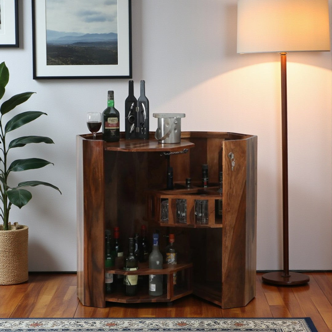 sheesham wood octagon bar cabinet natural finish

handcrafted solid wood bar cabinet for home

wooden liquor cabinet furniture for Indian interior

sheesham wood storage bar cabinet décor