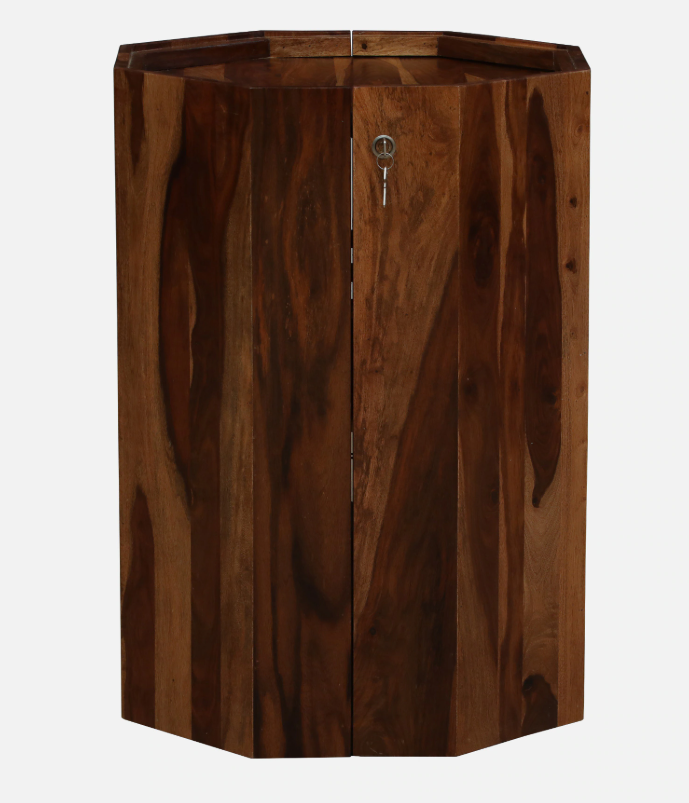 WOOD CURLS octagon bar cabinet in solid Sheesham wood with a natural finish and visible grain texture.