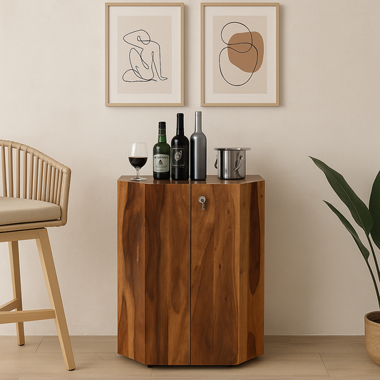 sheesham wood octagon bar cabinet natural finish

handcrafted solid wood bar cabinet for home

wooden liquor cabinet furniture for Indian interior

sheesham wood storage bar cabinet décor