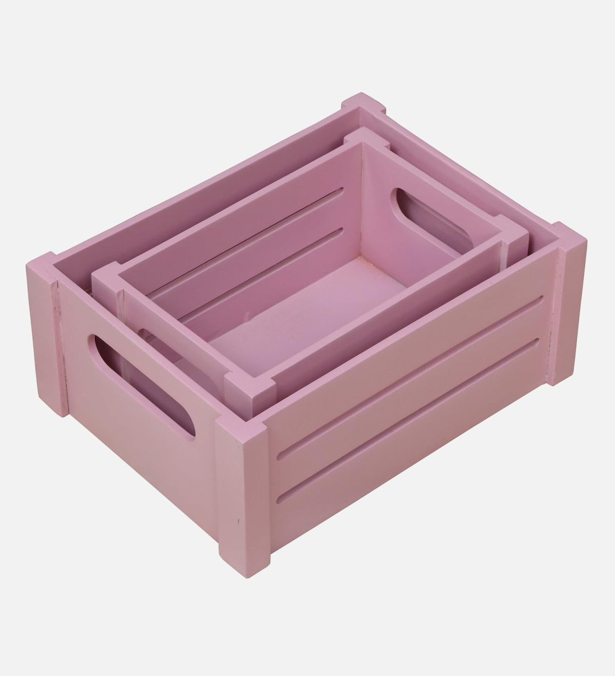 WOOD CURLS set of two nesting pink wooden storage crates with side handles for kitchen and home organization.
