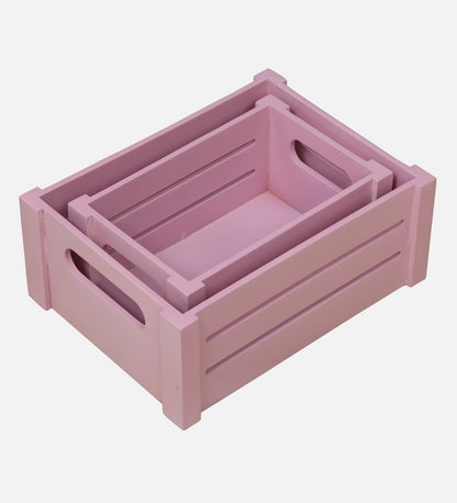 WOOD CURLS set of two nesting pink wooden storage crates with side handles for kitchen and home organization.