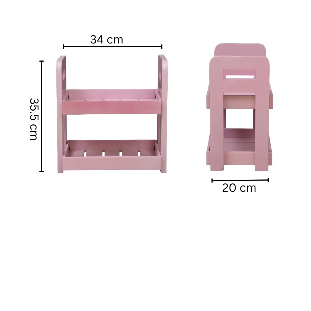 WOOD CURLS pink wooden 2-tier storage rack for kitchen or bathroom countertops with dimensions shown