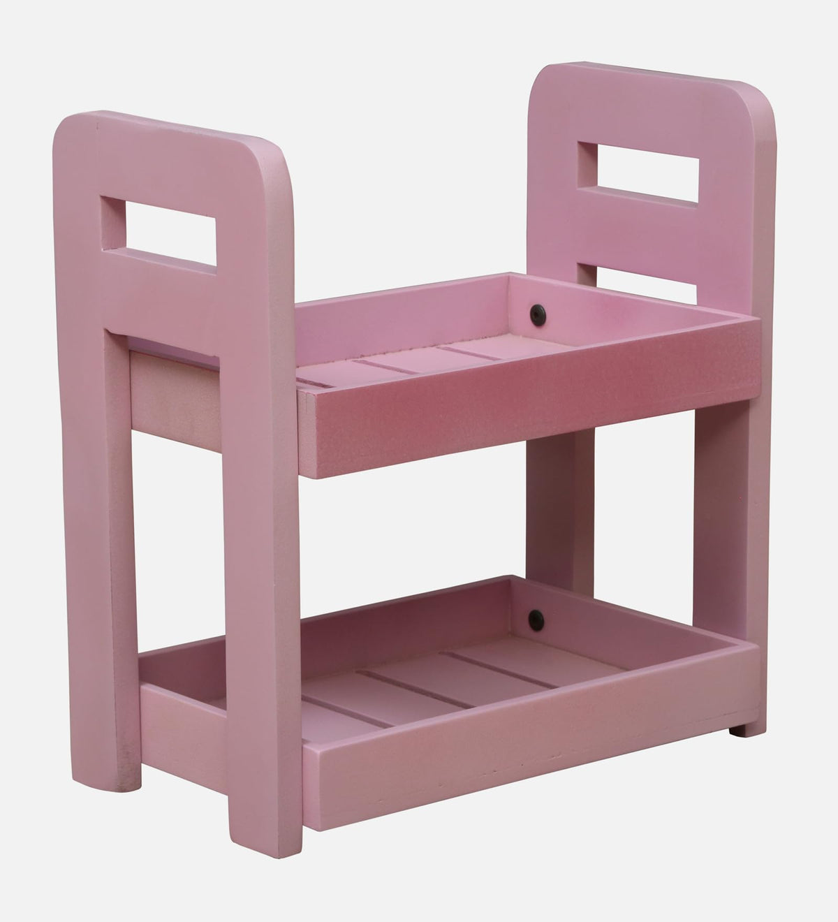 WOOD CURLS pink wooden 2-tier storage rack for kitchen or bathroom countertops with a sleek modern design.