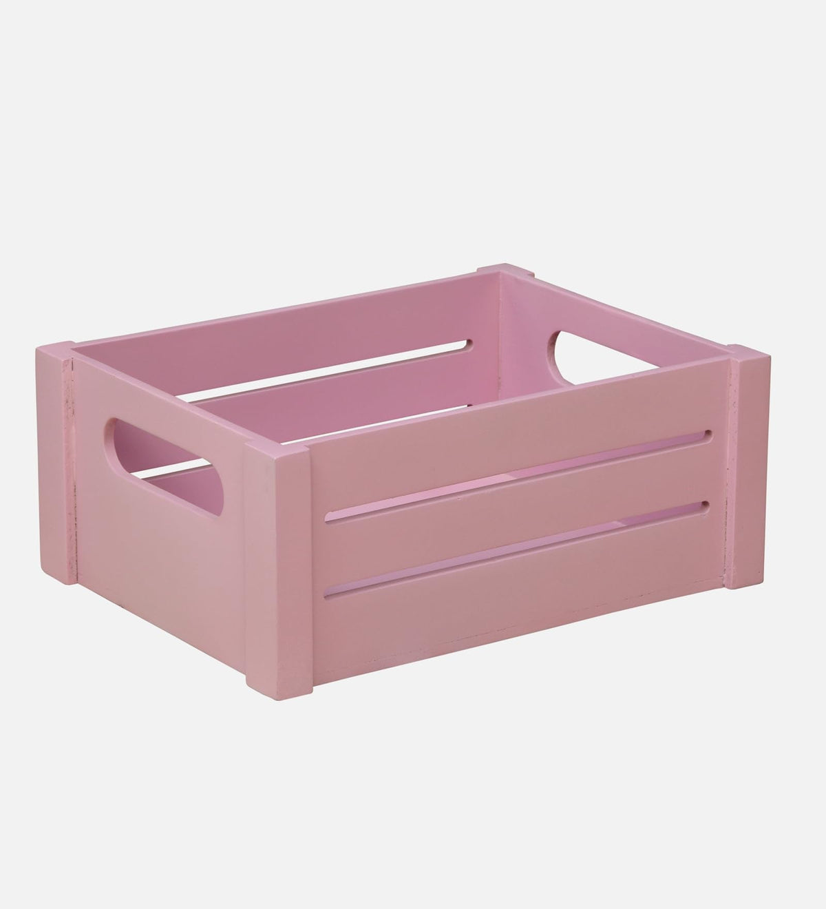 WOOD CURLS pink wooden storage crate with slatted sides and built-in handles for home organization