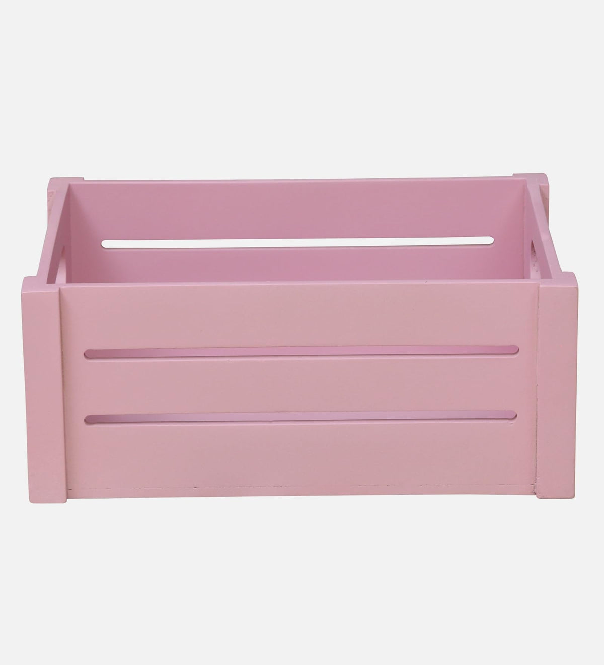 WOOD CURLS pink wooden storage crate with slatted sides and built-in handles for home organization