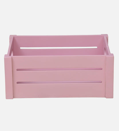 WOOD CURLS pink wooden storage crate with slatted sides and built-in handles for home organization
