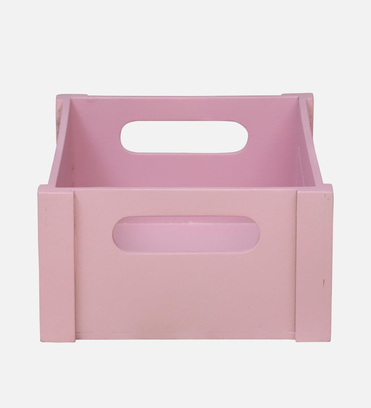 WOOD CURLS pink wooden storage crate with built-in handles for kitchen or home organization